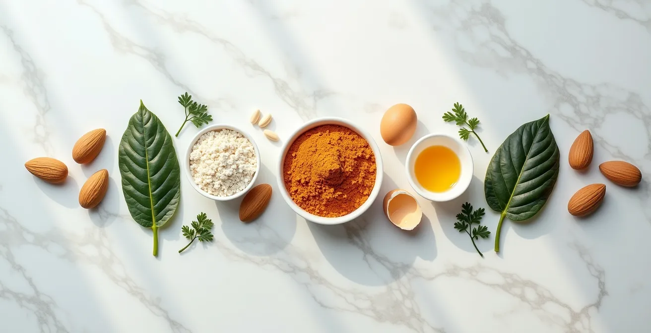 Représentation symbolique de la synergie entre biotine, zinc et soufre dans la formation de kératine