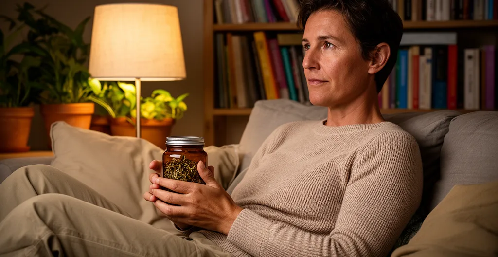 Personne trentenaire en moment de relaxation soirée avec herbes séchées dans pot en verre