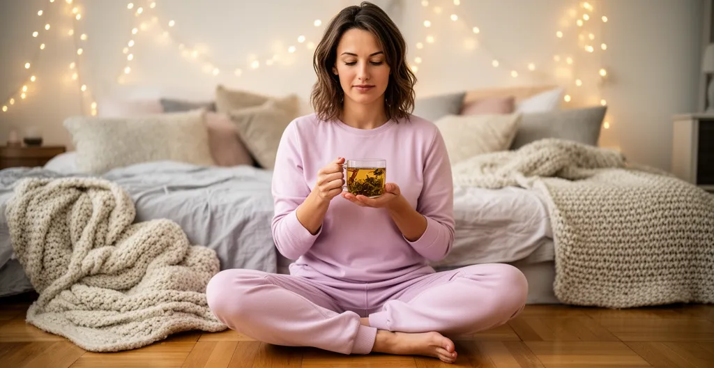 Femme fin vingtaine assise en relaxation avec tisane dans chambre cosy