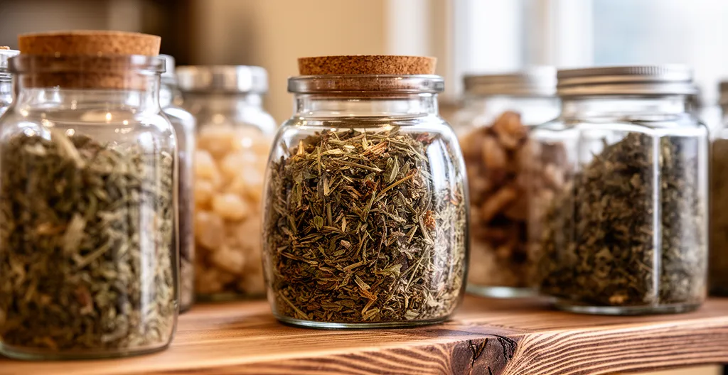 Pots en verre contenant herbes et résines sur étagère bois de boutique bien-être